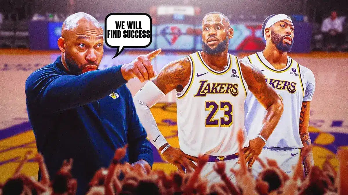 Lakers' Darvin Ham saying "we will find success" next to LeBron James, Anthony Davis