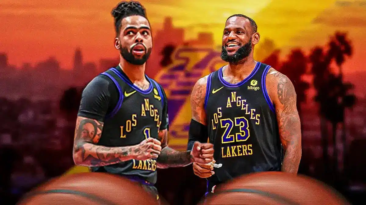 LeBron James smiling next to D'Angelo Russell (Los Angeles Lakers)