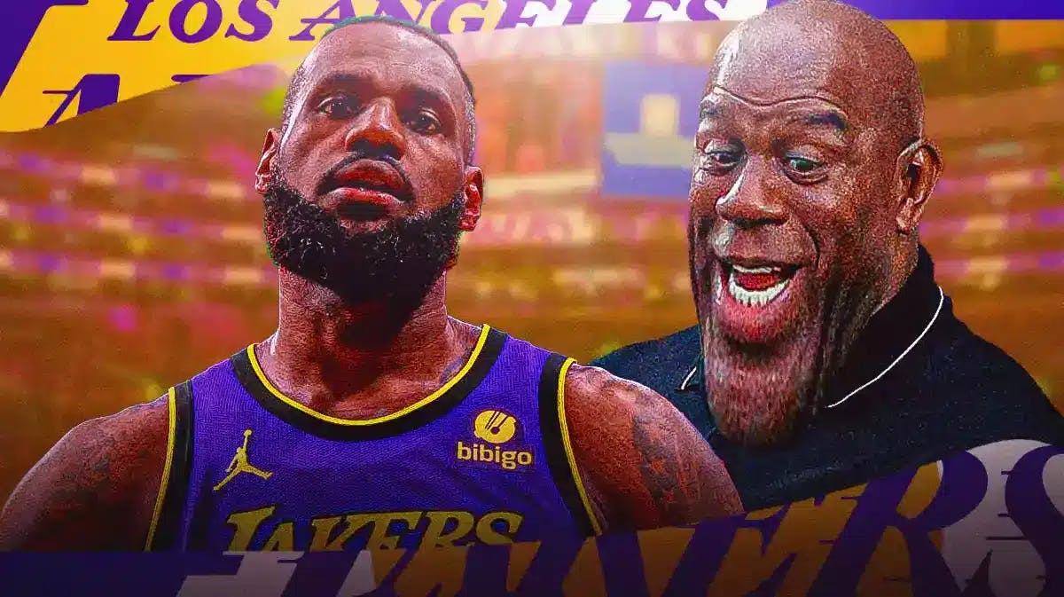 Los Angeles Lakers star LeBron James beside Magic Johnson whose jaw is about to hit the floor