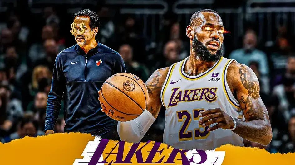 Lakers' LeBron James with fire in his eyes. Heat's Erik Spoelstra with dollar signs in his eyes