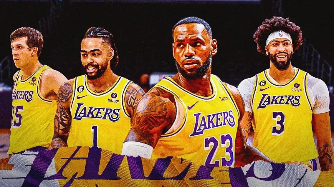 Lakers' LeBron James in front looking serious. Lakers' Anthony Davis shooting a basketball, Lakers' Austin Reaves dribbling a basketball, and Lakers' D’Angelo Russell dunking a basketball in background.