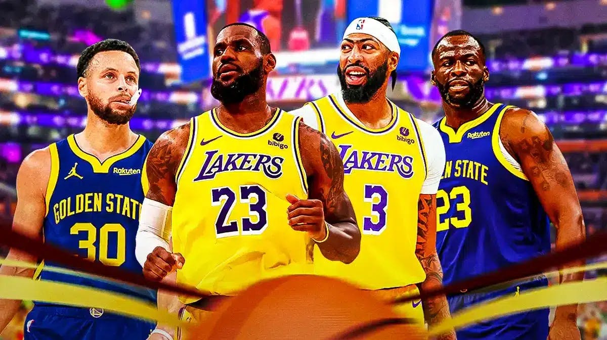 Lakers' LeBron James and Anthony Davis with Warriors' Stephen Curry and Draymond Green