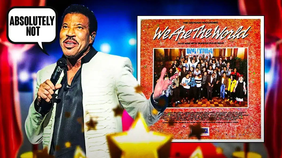 Lionel Richie pointing to We Are The World cover and a text bubble saying "absolutely not"