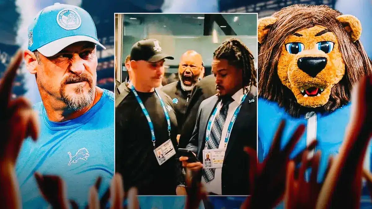 Detroit Lions mascot and Dan Campbell (head coach) looking HYPED
