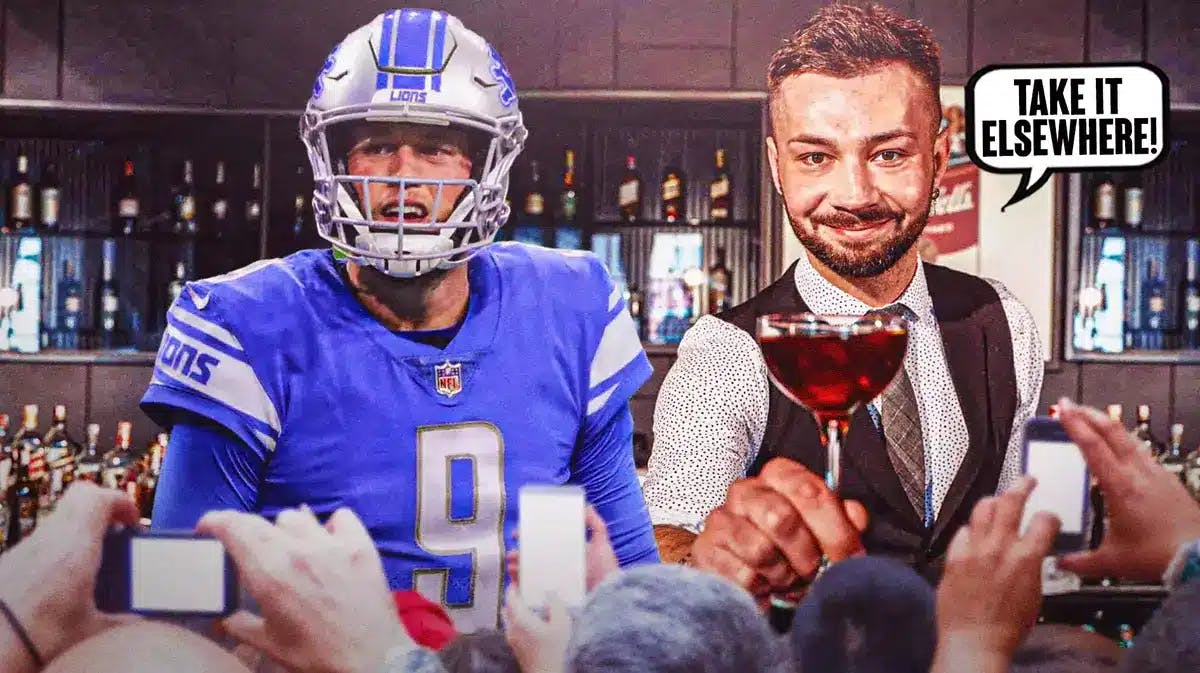 Matthew Stafford in Detroit Lions uniform and a stereotypical bartender (something like this would be great) and a speech bubble “Take It Elsewhere!”