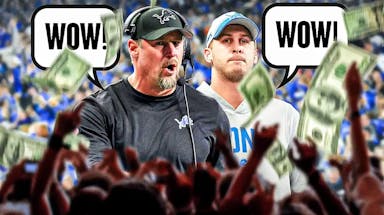 Dan Campbell and Jared Goff on one side with a speech bubble that says “Wow!”, a bunch of Detroit Lions fans on the other side with money falling around them