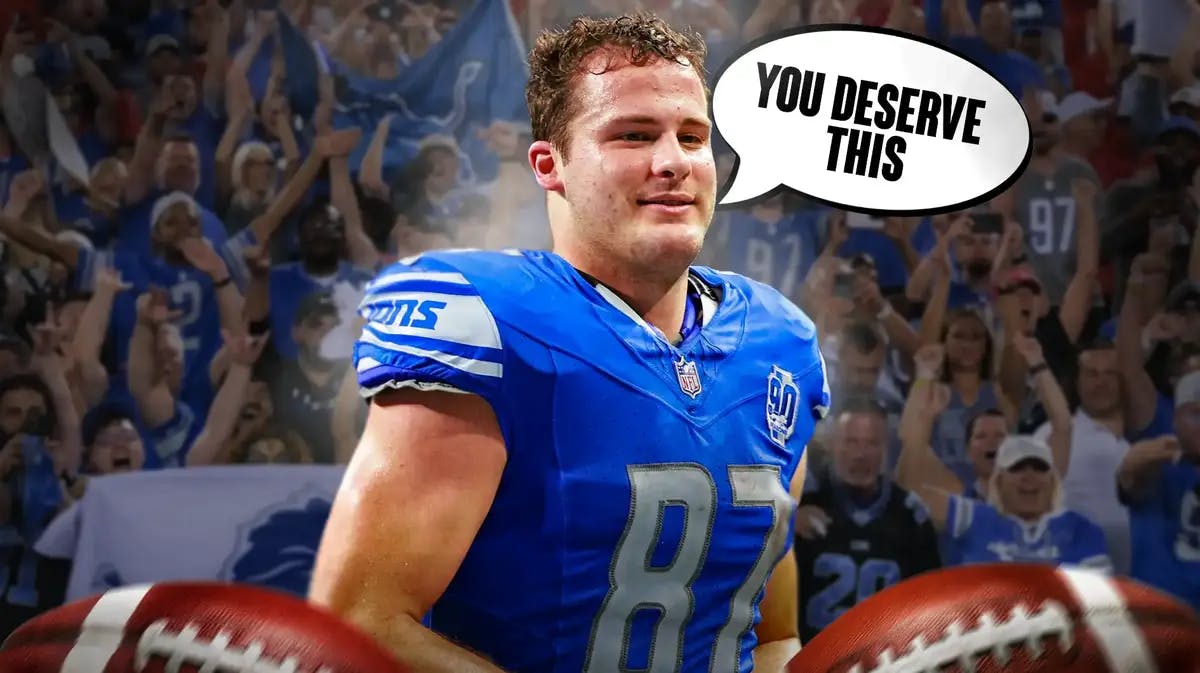 Detroit Lions' Sam LaPorta and speech bubble “You Deserve This” and images of cheering Lions fans