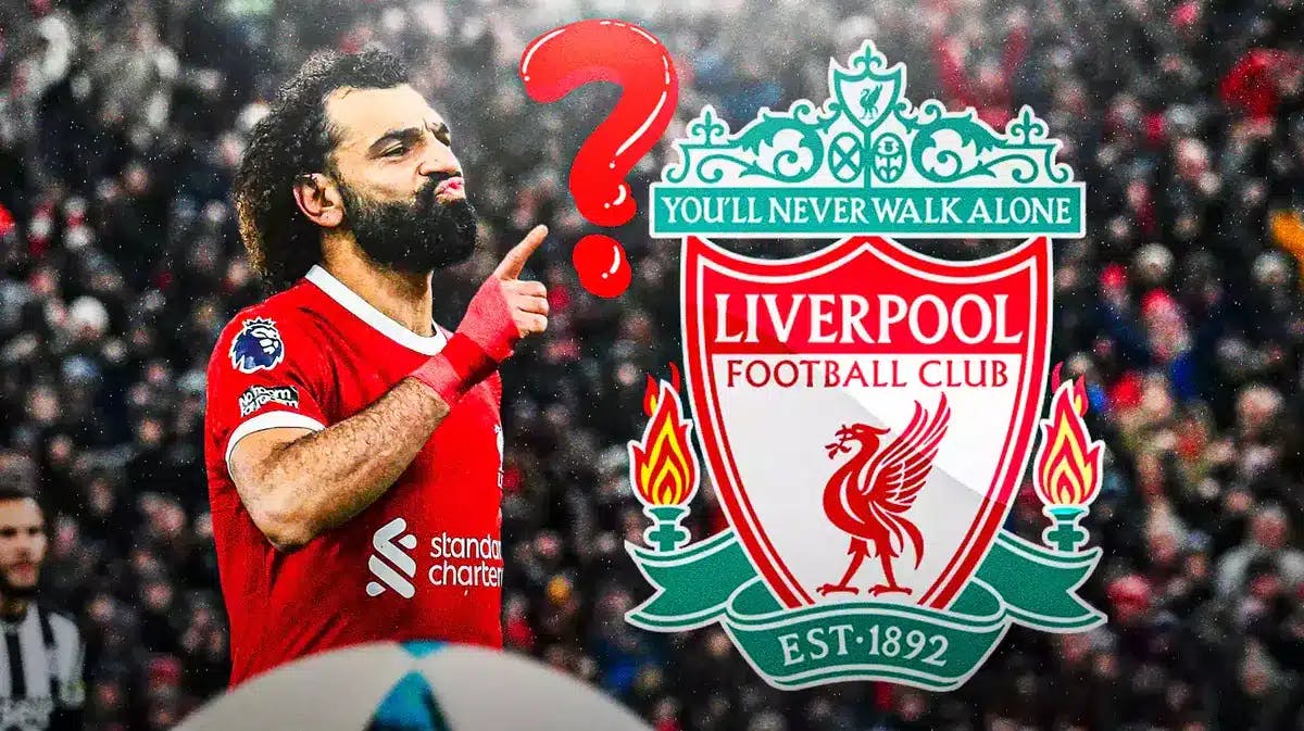 Mohamed Salah in front of the Liverpool logo, questionmarks in the air