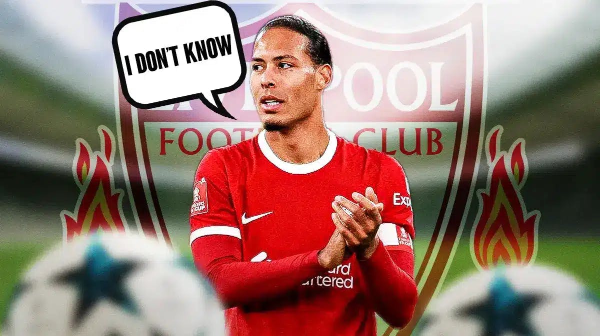 Virgil van Dijk saying: 'I don’t know' in front of the Liverpool logo