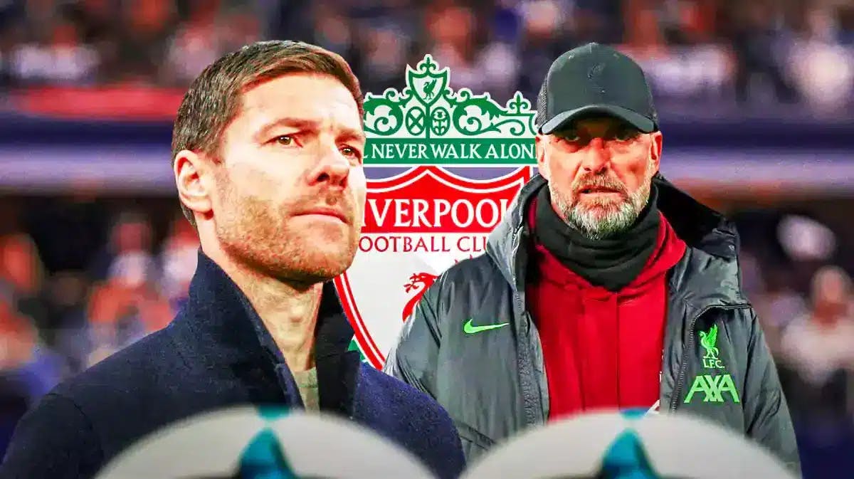 Xabi Alonso and Jurgen Klopp in front of the Liverpool logo