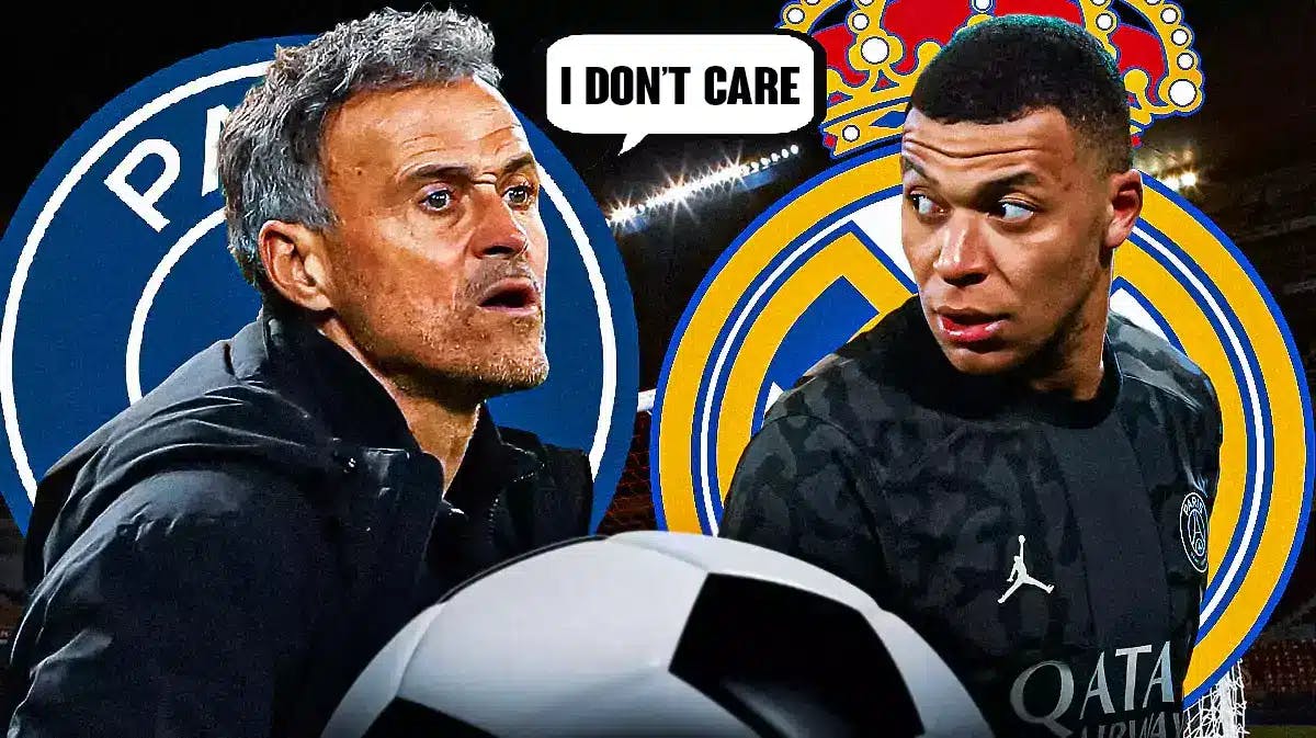 Luis Enrique saying ‘I don’t care' in front of the PSG logo, Kylian Mbappe standing next to him in front of the Real Madrid logo