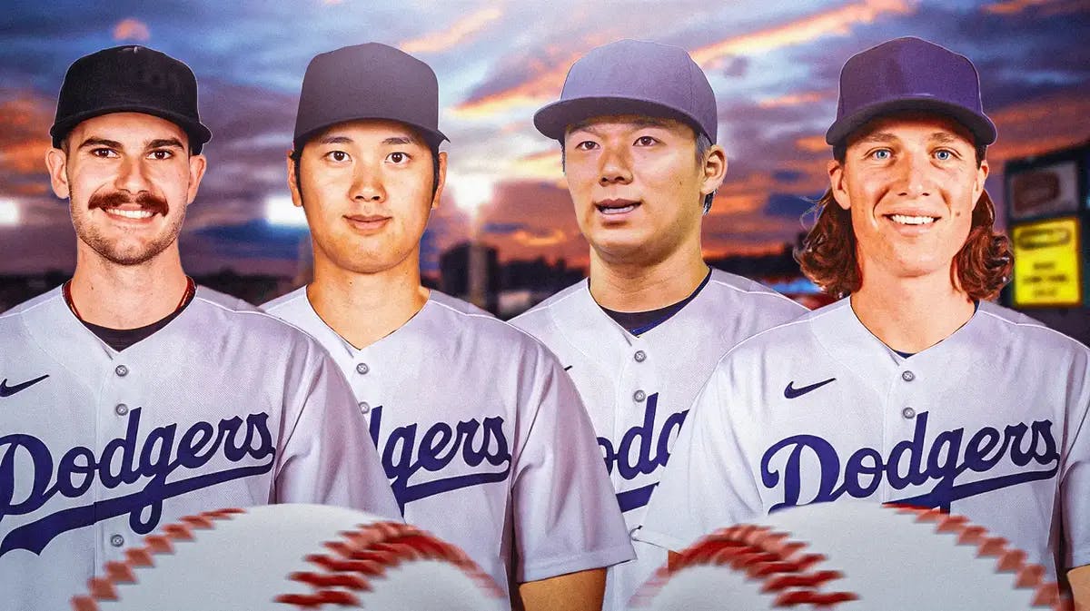 Dylan Cease in a Dodgers uni, with Shohei Ohtani, Yoshinobu Yamamoto, and Tyler Glasnow all smiling in a Dodgers uni