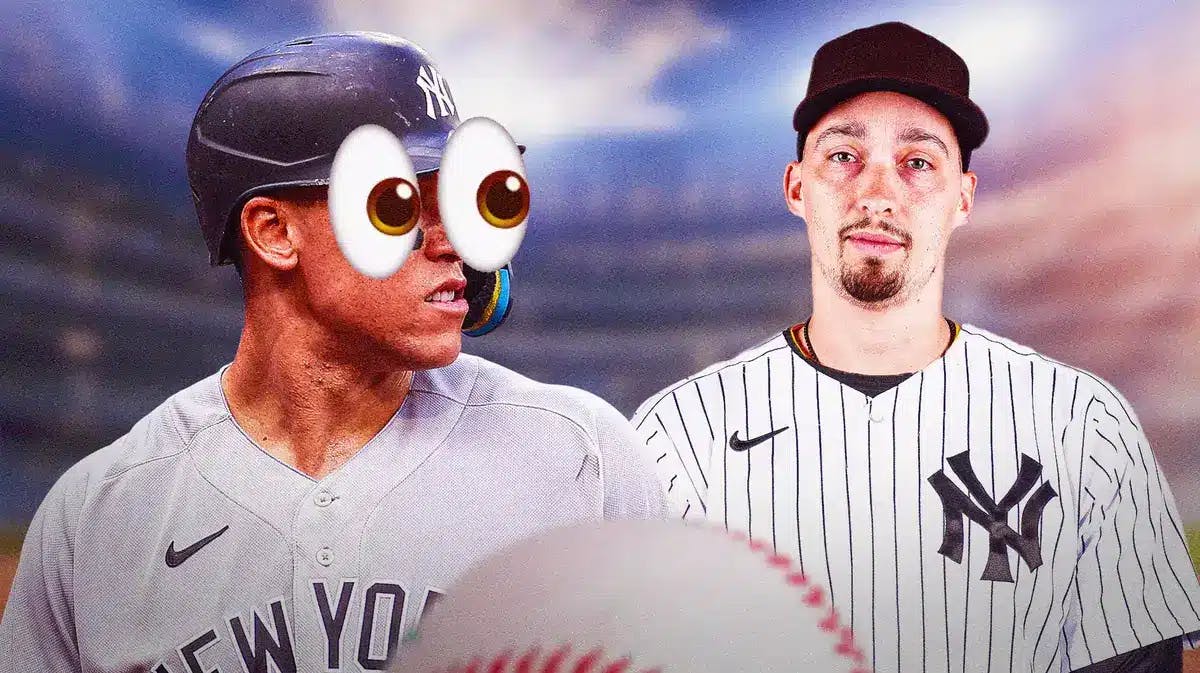 Blake Snell in a Yankees uniform. Aaron Judge with big emoji eyes looking at him
