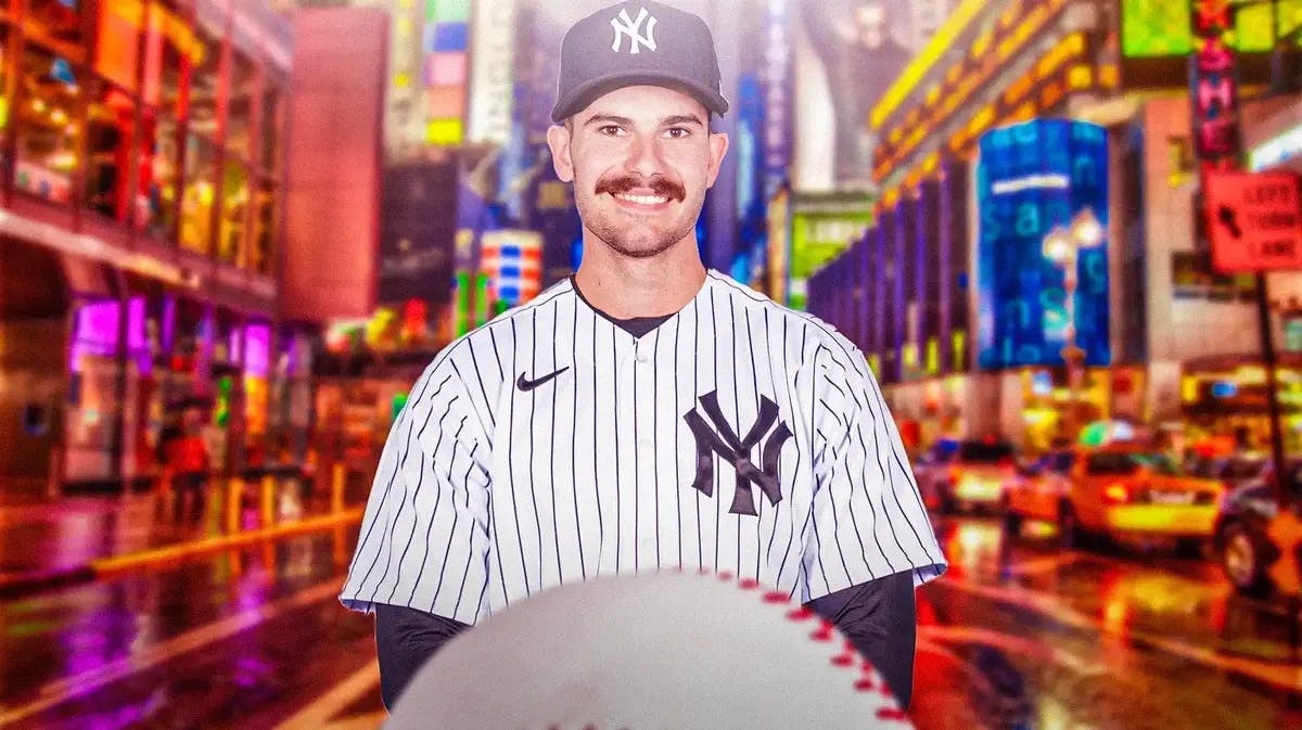 Dylan Cease in a Yankees uniform with the city of New York in background.