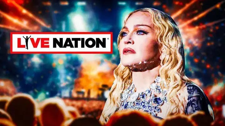 Madonna onstage with a Live Nation logo.