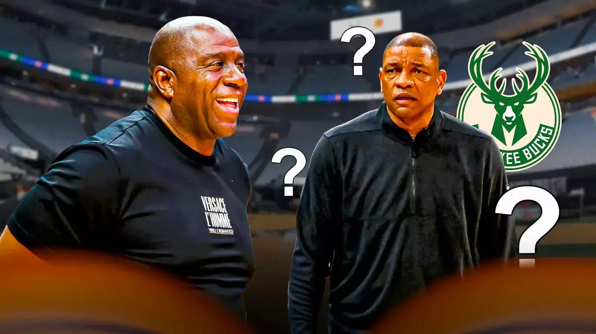 Magic Johnson smiling, with confetti and celebration emojis all over him, with Doc Rivers looking confused with question marks around him and the Bucks logo beside Rivers