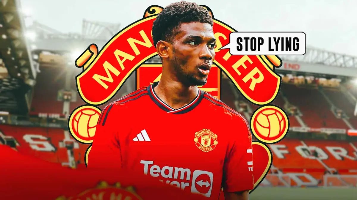Amad Diallo saying: 'Stop lying' in front of the Manchester United logo