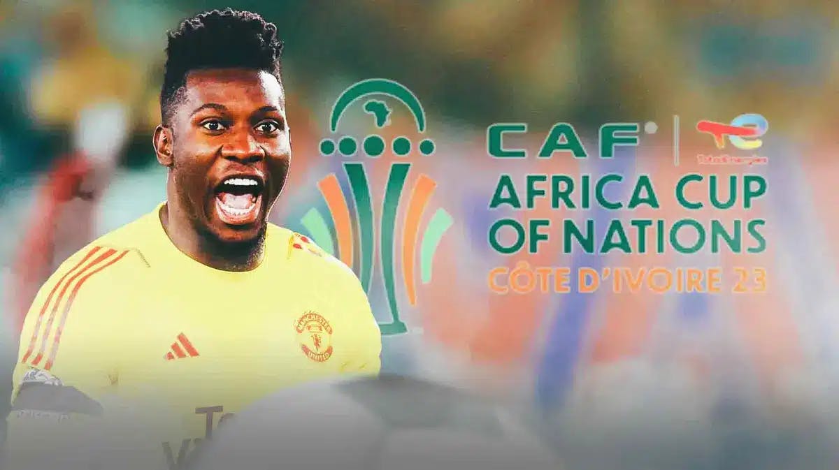 Andre Onana shouting in front of the AFCON logo