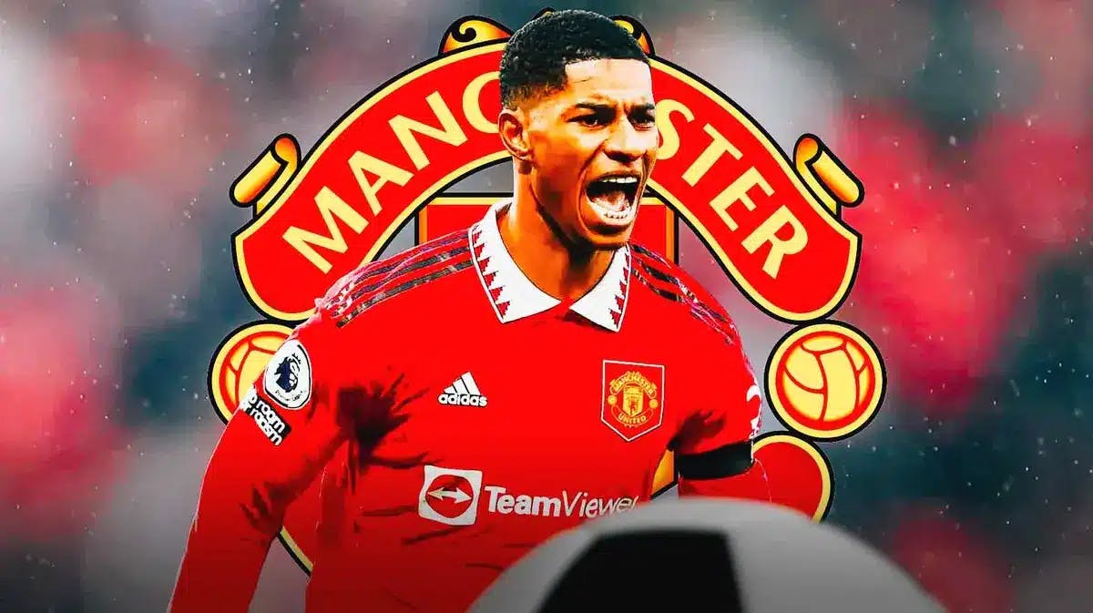 Marcus Rashford shouting in front of the Manchester United logo
