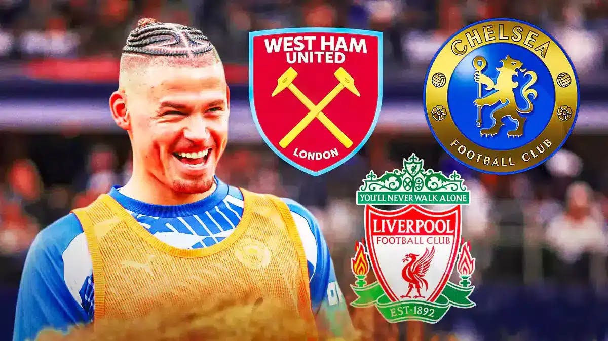 Kalvin Phillips in front of the West Ham, Chelsea, Liverpool logos