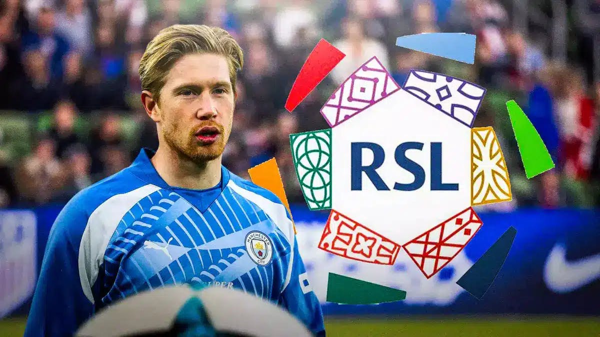 Kevin De Bruyne in front of the Saudi Pro League logo