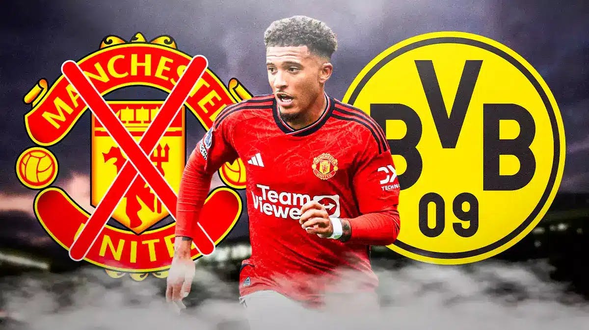 Jadon Sancho in the middle, the Manchester United logo crossed out on one side, the Borussia Dortmund logo on the other side