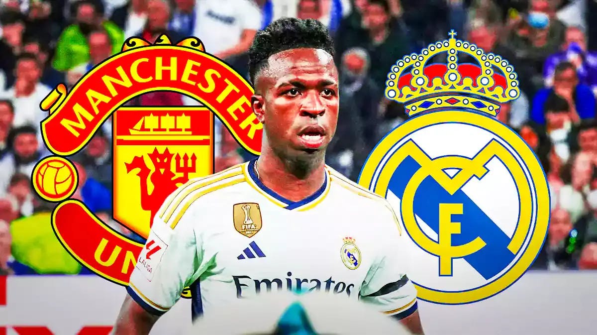 Vinicius Jr in front of the Manchester United and Real Madrid logos