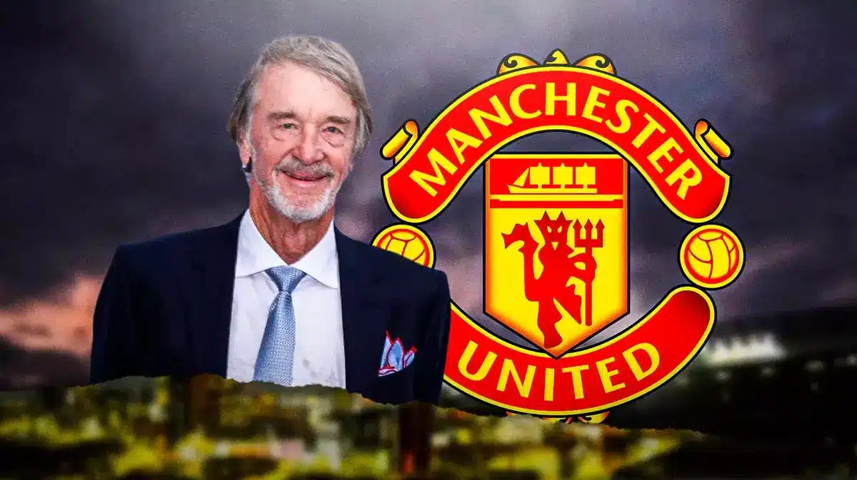 Sir Jim Ratcliffe in front of the Manchester United logo