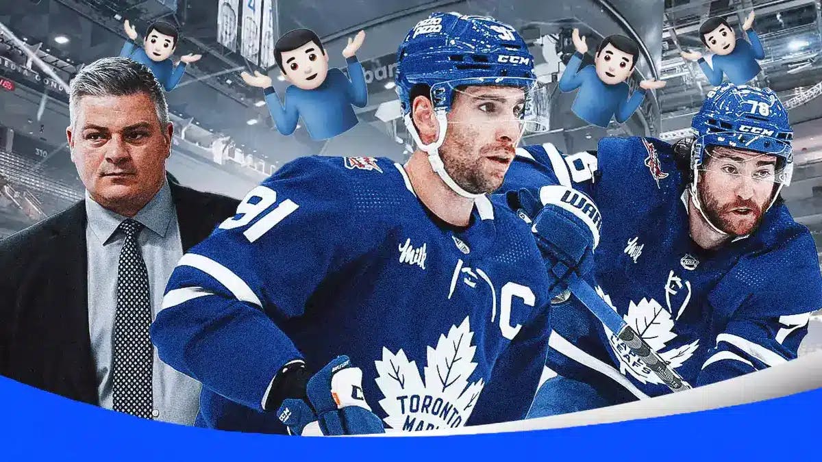 Toronto Maple Leafs head coach Sheldon Keefe, with Maple Leaf players John Tavares and TJ Brodie on either side of him, and a person shrugging emoji 🤷 around the image to signify confusion.