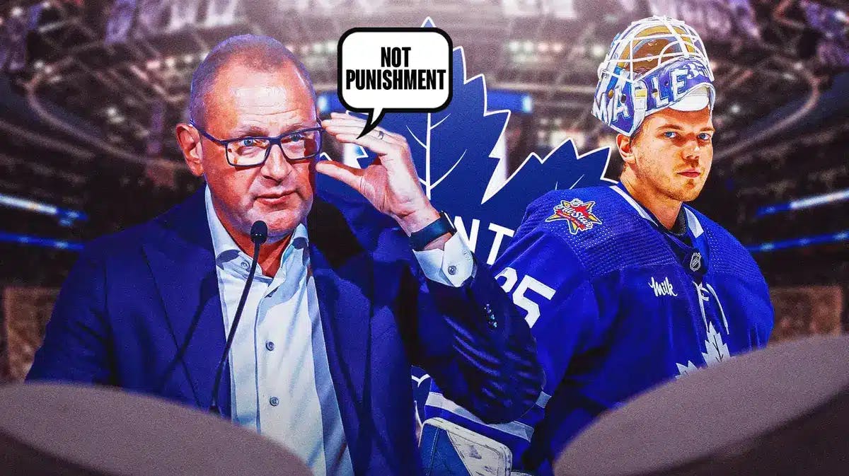Brad Treliving on one side of image with speech bubble: “Not punishment” , Ilya Samsonov on other side looking stern, TOR Maple Leafs logo, hockey rink in background
