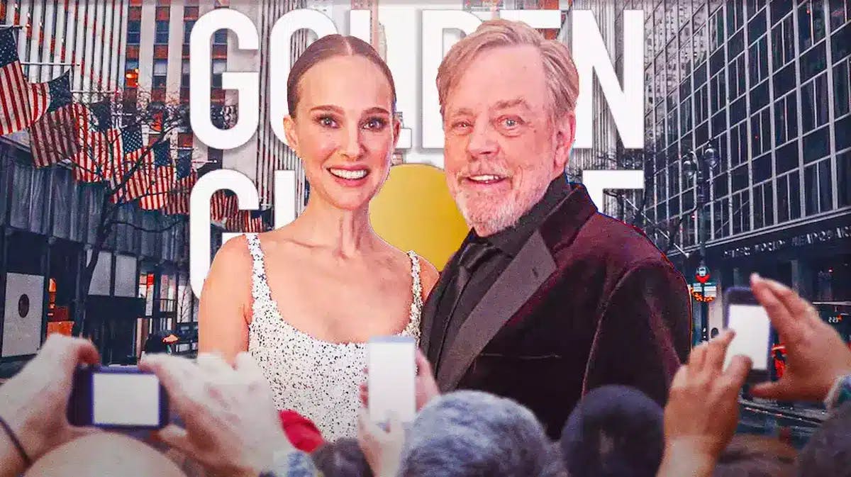 Natalie Portman and Mark Hamill, Star Wars stars from Hamill's X and Golden Globes logo in background.
