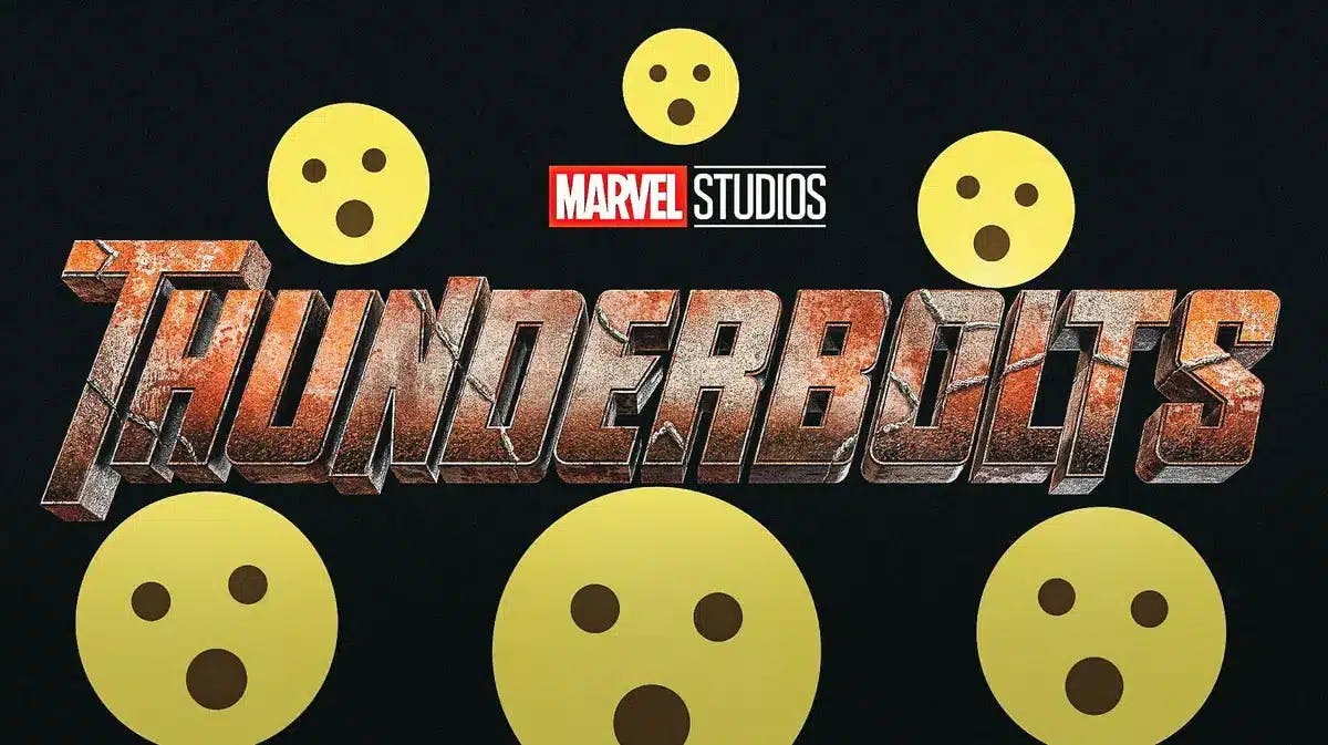 Marvel Thunderbolts logo with shocked emoji around it