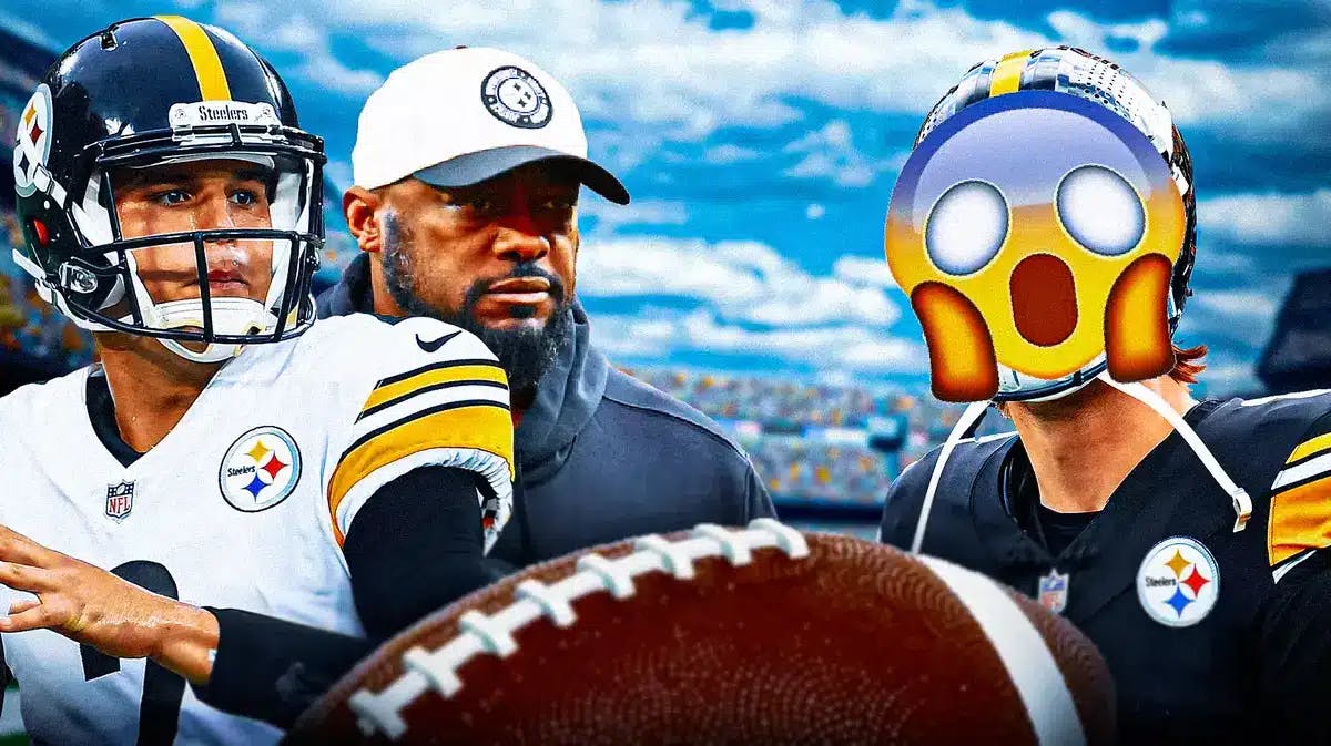 Mike Tomlin and Mason Rudolph on one side, Kenny Pickett on the other side with a shocked emoji over his face