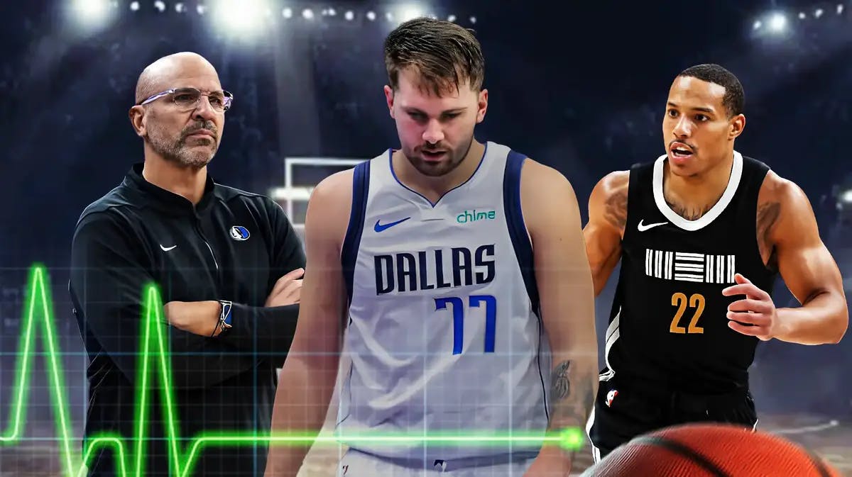 Mavericks' Jason Kidd with Luka Doncic, sad, with a flatlining heart monitor beside Kidd and Doncic, with Grizzlies' Desmond Bane hyped up