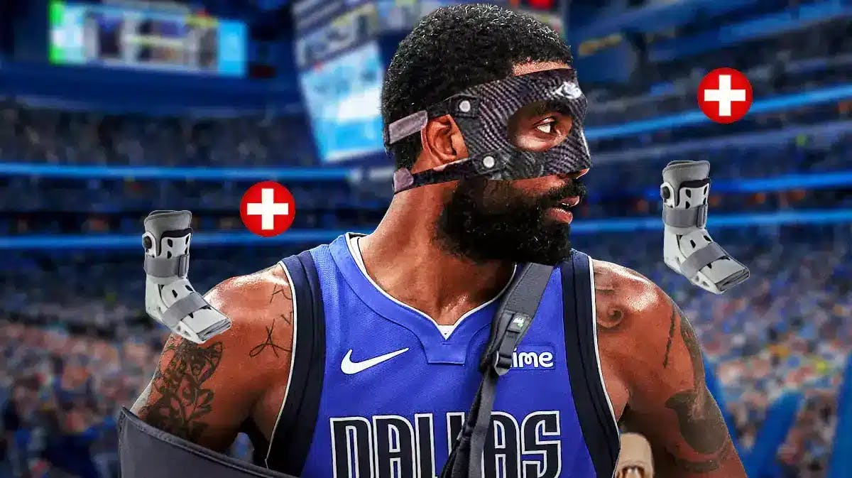 Mavericks' Kyrie Irving in a mask and sling