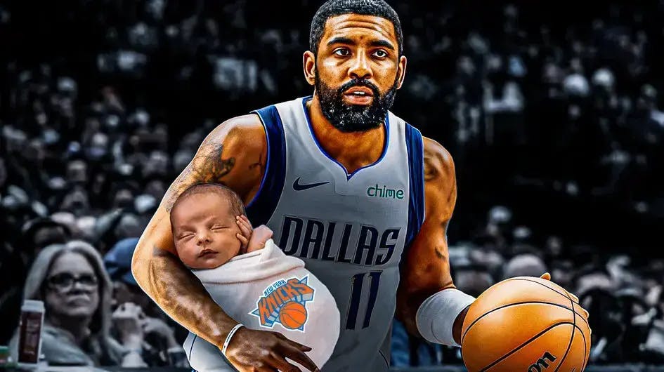 Mavericks' Kyrie Irving as a father handling a baby, with the Knicks logo on the baby