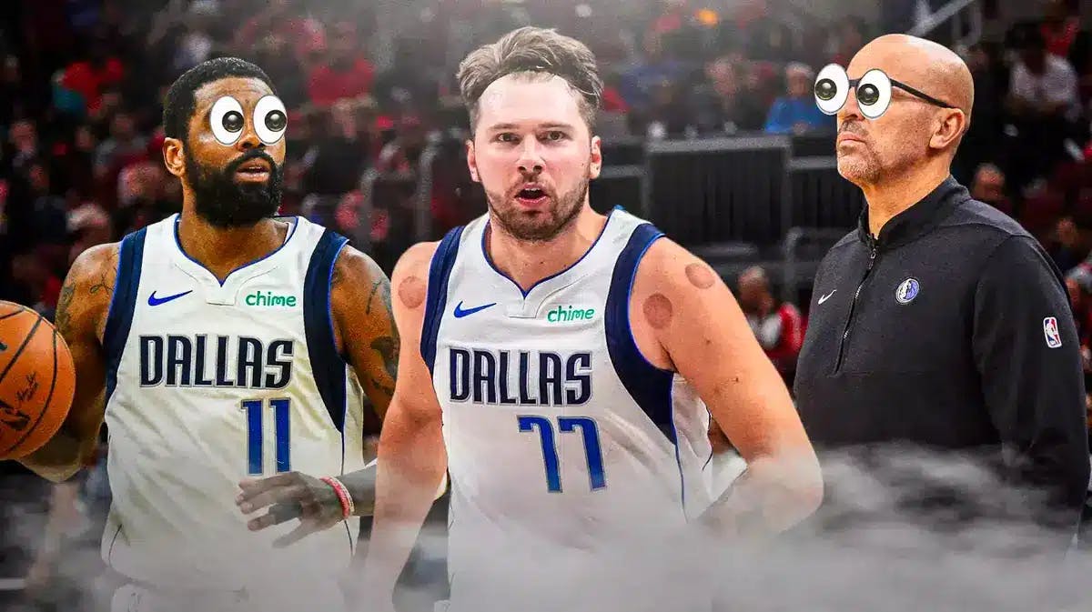 Mavs' Luka Doncic looking serious in front. Mavs' Jason Kidd, Mavs' Kyrie Irving with eyes popping out looking at Doncic.