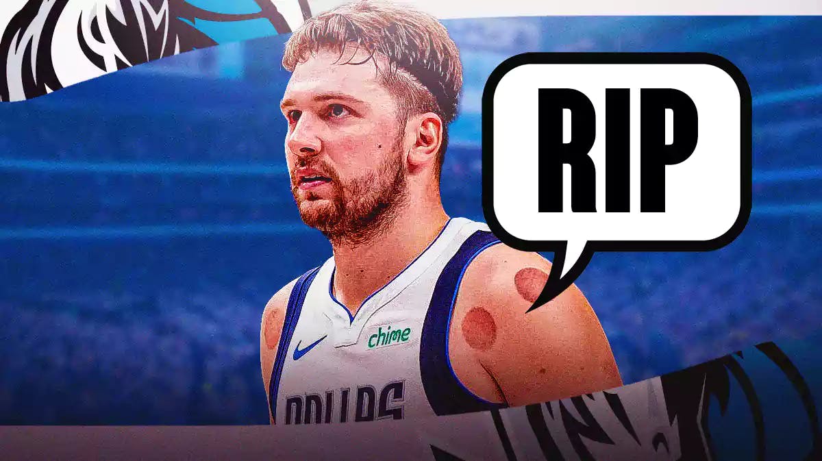 Luka Doncic saying: 'RIP' with the Mavs arena in the background, Dejan Milojevic