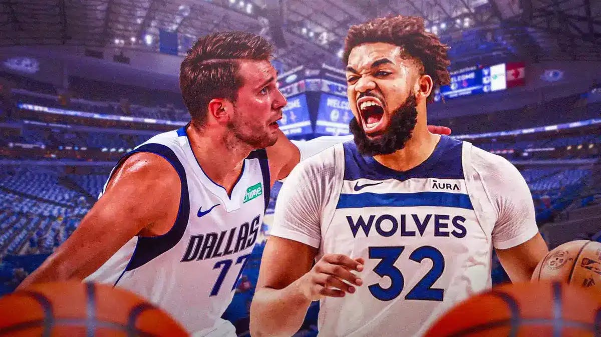 Mavs' Luka Doncic playing defense on Timberwolves' Karl-Anthony Towns at American Airlines Center.