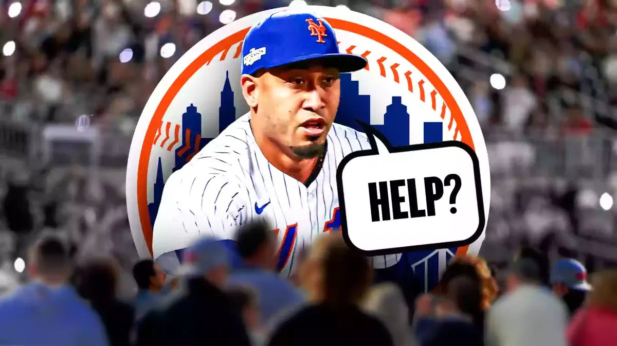 Mets' Edwin Diaz saying the following: Help? Mets logo background.
