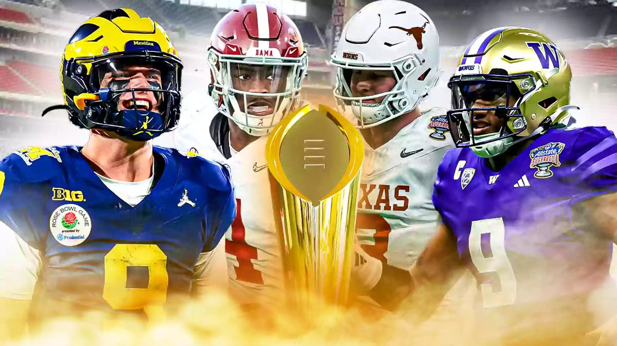 Michigan football, College Football Playoff, Washington football, Texas football, Alabama football, JJ McCarthy, Jalen Milroe, Quinn Ewers and Michael Penix Jr. (all in respective unis) behind the CFP National Championship trophy, NRG Stadium in the background