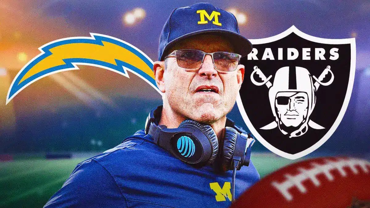 Jim Harbaugh looking serious in Michigan football coaching gear, have Chargers, Raiders logos behind him