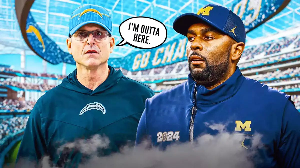 Jim Harbaugh in Chargers gear, saying, "I'm outta here." with Sherron Moore