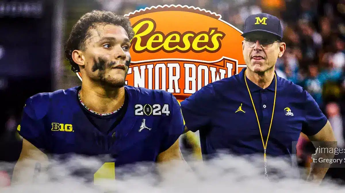 Photo: Roman Wilson in Michigan jersey and Jim Harbaugh in Michigan gear with Reese’s Senior Bowl logo in the background