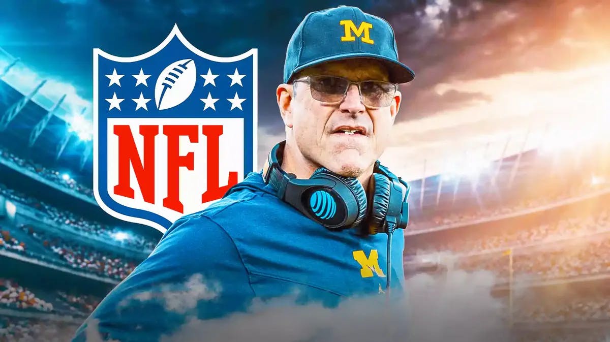 Michigan football coach Jim Harbaugh with NFL logo in the background