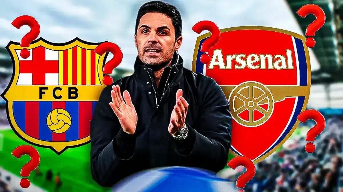 Mikel Arteta in front of the Barcelona and Arsenal logo, questionmarks in the air