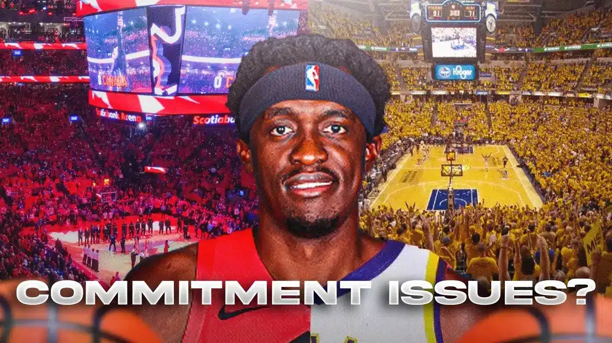 Pascal Siakam in a half Raptors Pacers uni, with the caption: “COMMITMENT ISSUES?” below
