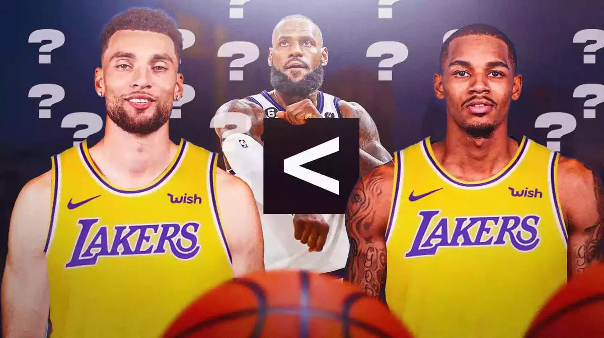 Two panels, Zach LaVine in Lakers uni on the left, Dejounte Murray in Lakers uni on the right. LeBron James in the middle holding a less than sign, with question marks all over