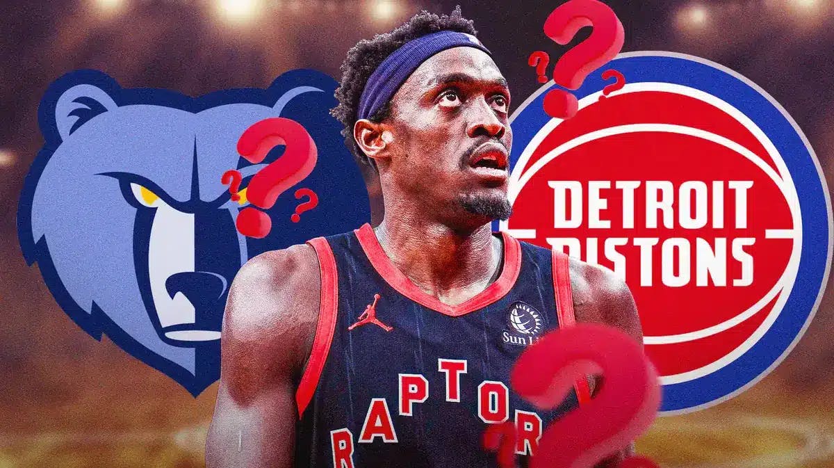 Pascal Siakam. Grizzlies and Pistons logos next to him. Question marks all over