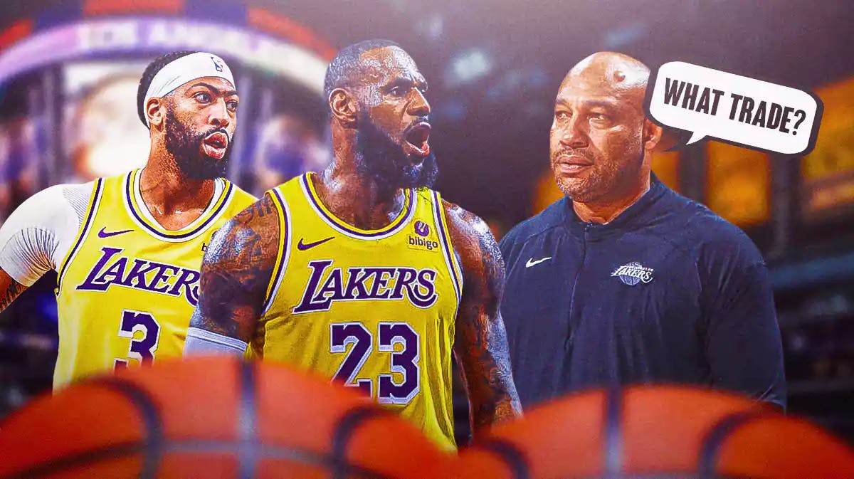 LeBron James, Anthony Davis and Darvin Ham with the Lakers arena in the background, Lakers NBA Trade Deadline